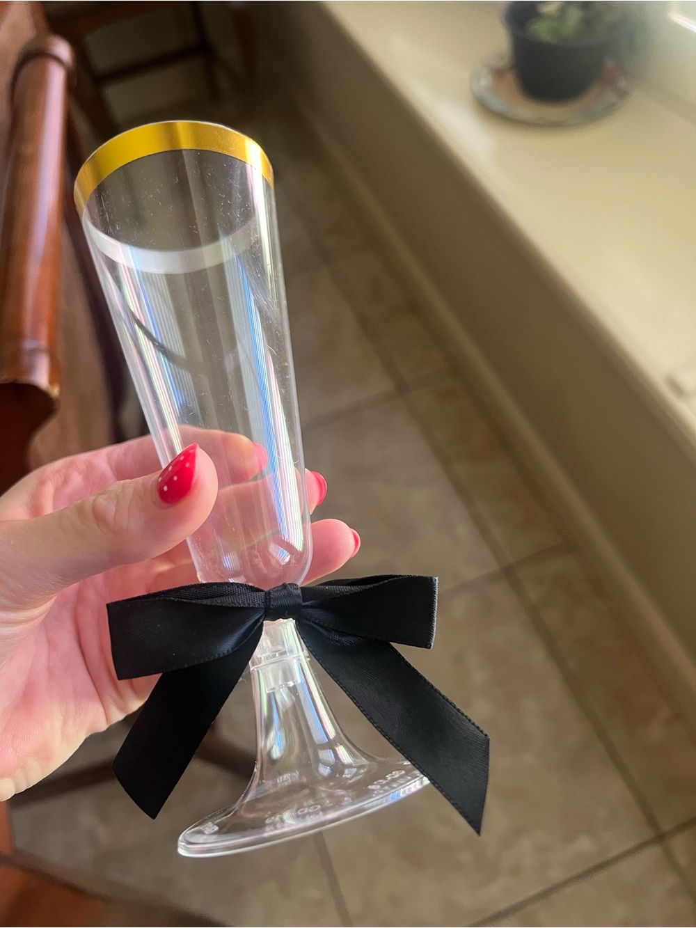 24 count Clear Champagne Flute with Gold Rim and Black Ribbon - Party Drinkware